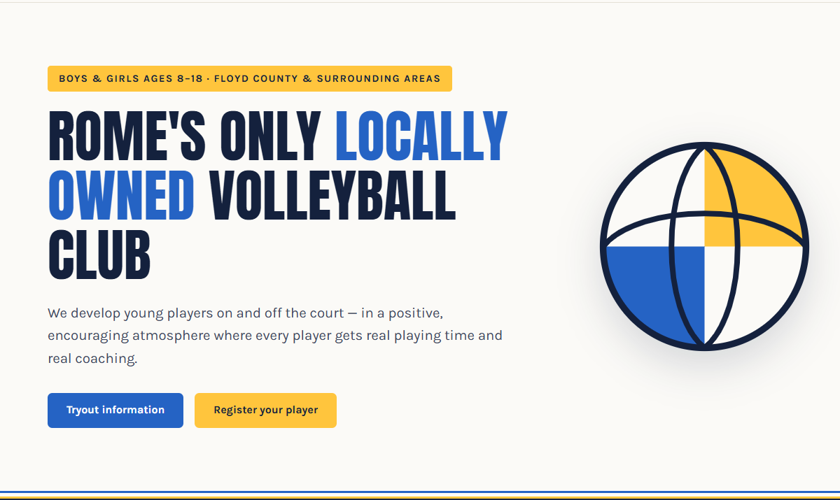 Bright, family-friendly homepage design concept for a local youth volleyball club