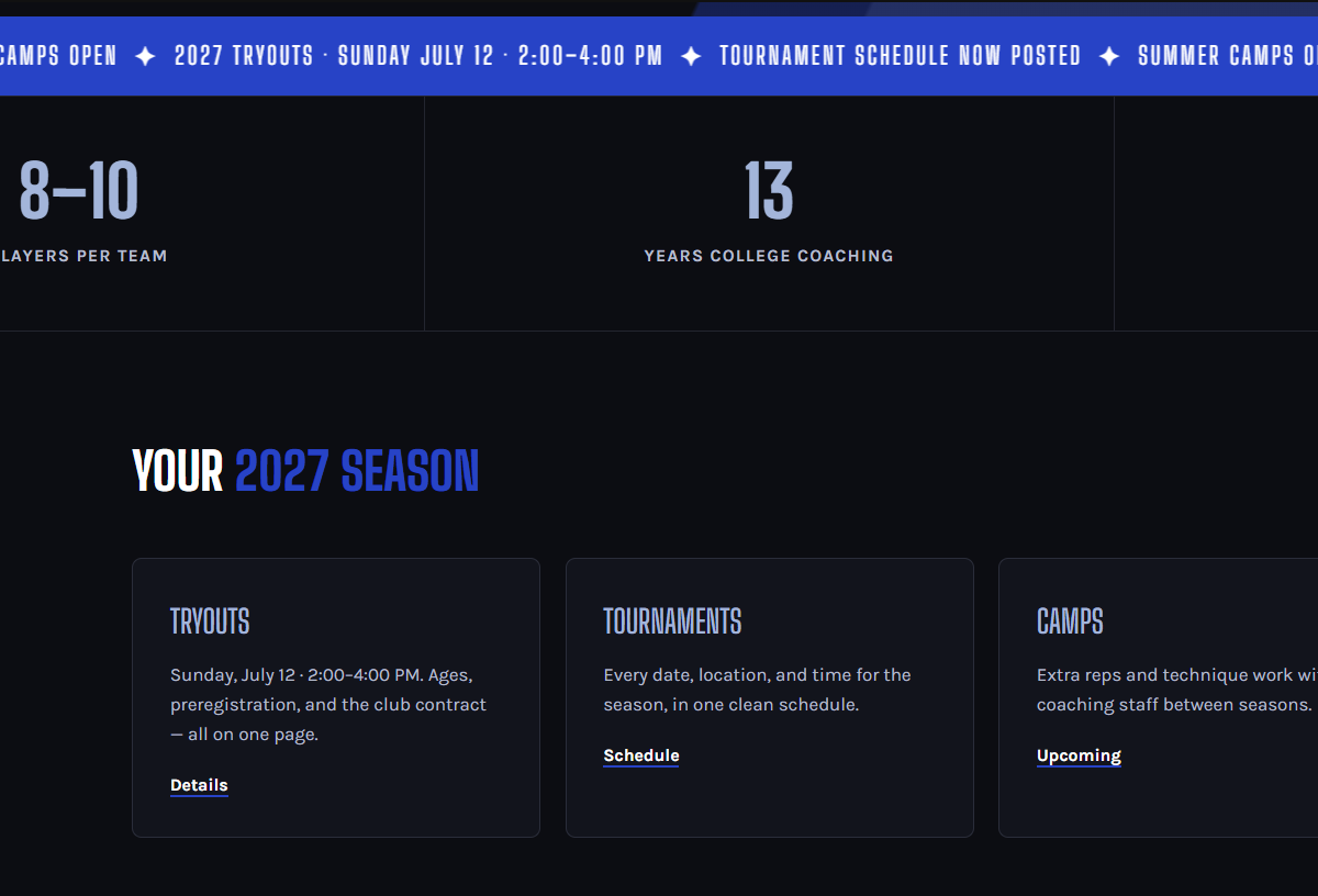 Bold, dramatic dark homepage design concept for the same volleyball club